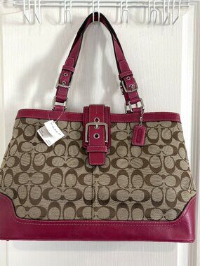 Coach Hamptons Signature Large Carryall Bag Tote Handbag Khaki & Berry 12643 NEW